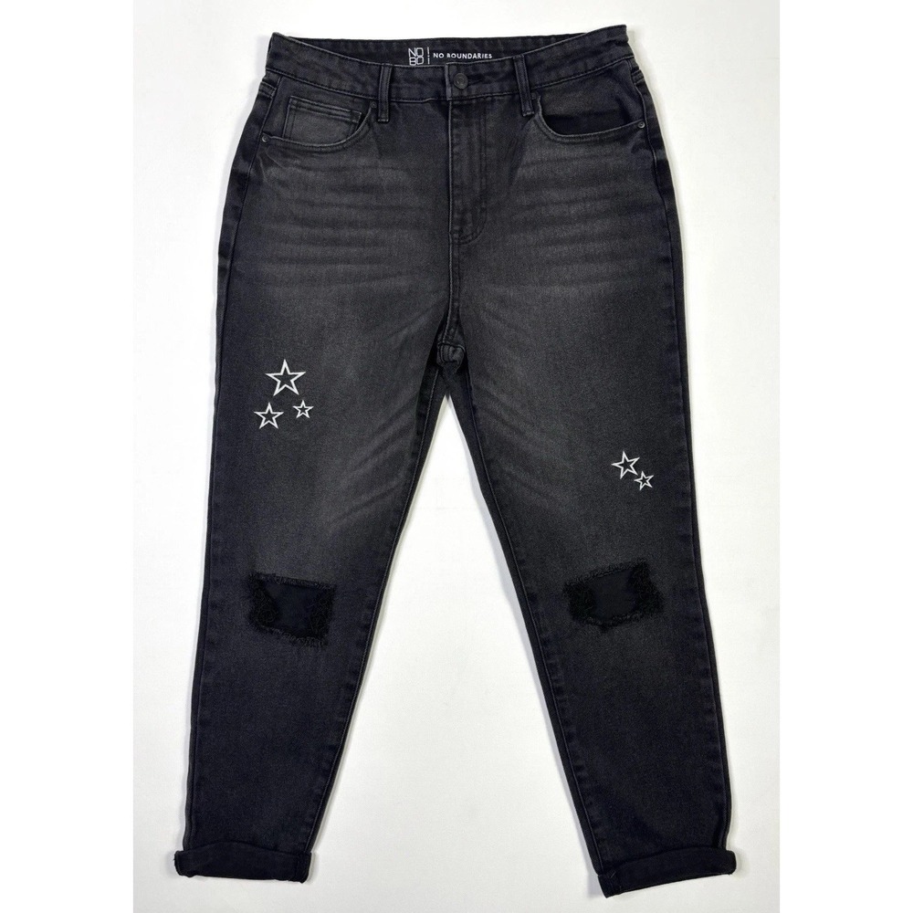 No Boundaries Jeans Womens 13 Black Distressed Star Denim Cuffed Pants Stretch